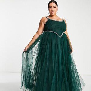 Lace & Beads Plus Exclusive corset embellished maxi dress in emerald green